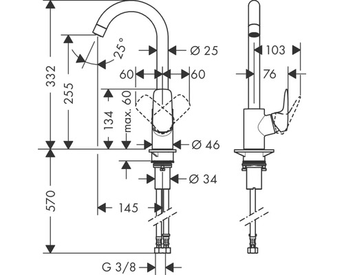 Dessin technique d''un robinet de cuisine avec dimensions