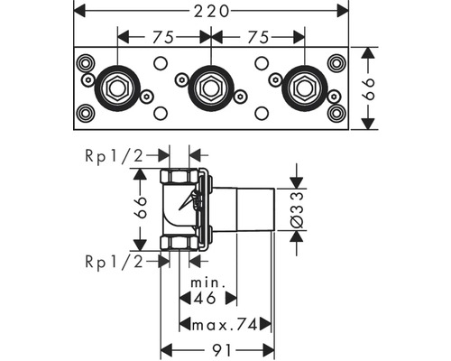 Schéma technique d''une installation sanitaire avec indications de dimensions.