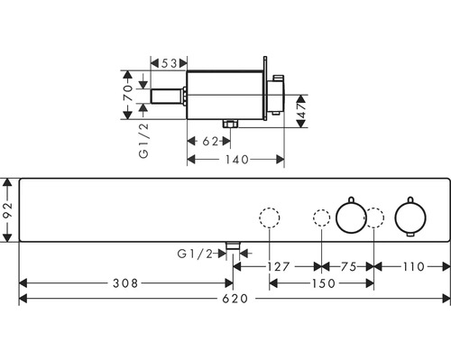Schéma technique d''un robinet encastré avec indications de dimensions