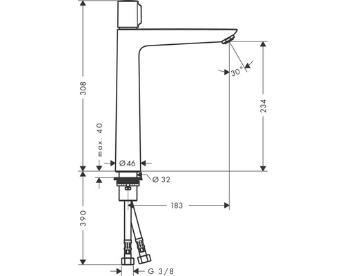 Technische Zeichnung vun engem Waasserkran mat Moossangaben