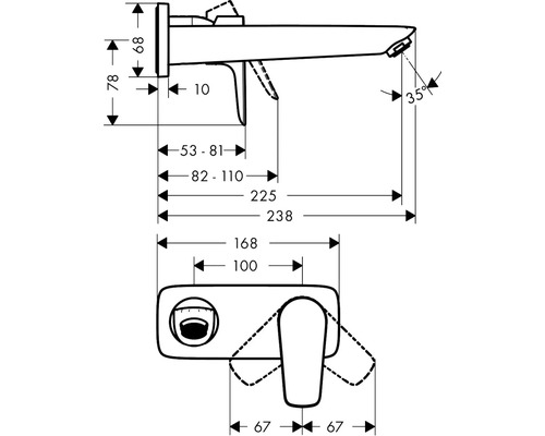 Technische Zeichnung einer Waschtischarmatur mit Maßangaben