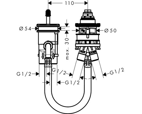 Schéma technique d''un siphon avec les dimensions diamètre 54 millimètres et diamètre 50 millimètres ainsi que des raccords G 1/2 pouce.