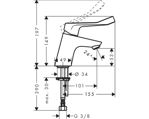 Schéma technique d''un robinet de lavabo avec cotes