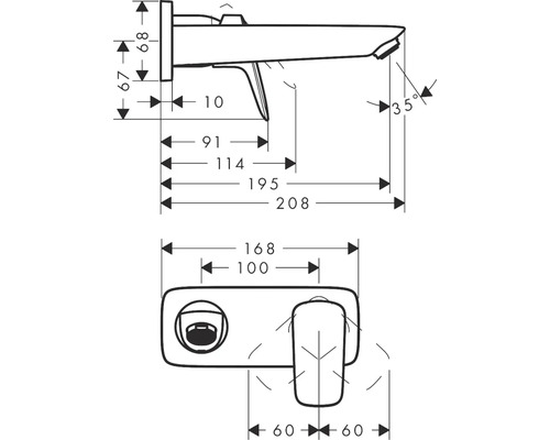 Technische Zeichnung einer Armatur mit Maßangaben