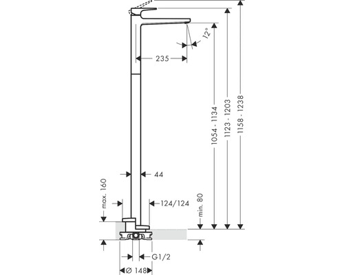 Schéma coté d''un robinet de lavabo à montage sur gorge avec différentes cotes
