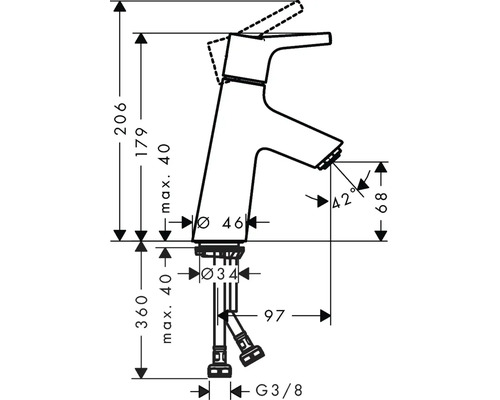 Schéma coté d''un robinet avec indications de hauteur
