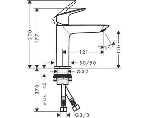 Technische Zeichnung einer Armatur mit Maßangaben