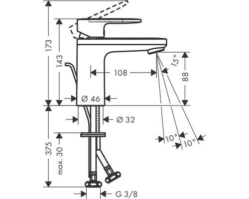 Technische Zeichnung einer Armatur mit Maßangaben