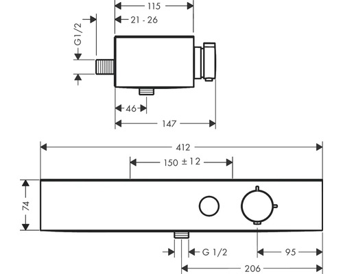 Schéma technique d''un élément d''installation sanitaire avec indication des dimensions