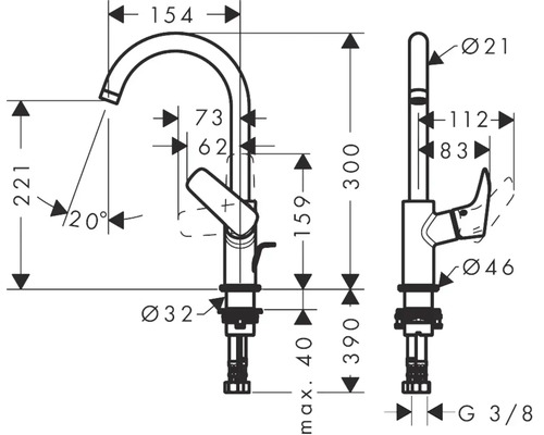 Technische Zeichnung einer Armatur mit Maßangaben