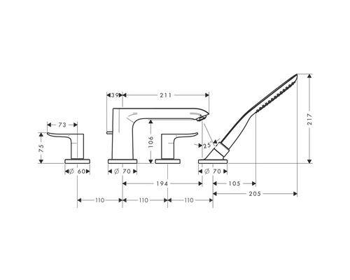 Technische Zeichnung einer Badewannenarmatur mit Handbrause und Maßangaben