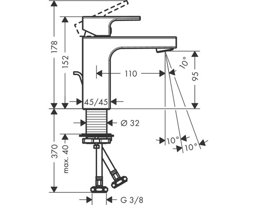 Dessin technique d''un robinet avec indications de mesure.
