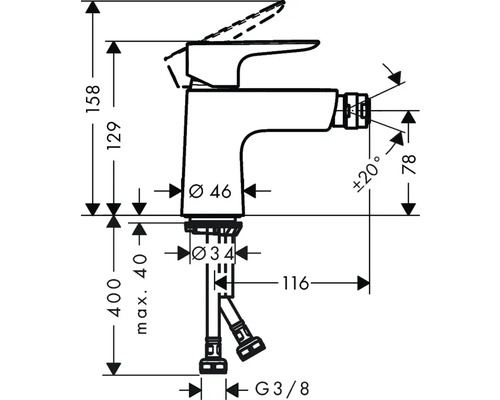 Maßzeichnung einer Waschtischarmatur mit verschiedenen Maßangaben