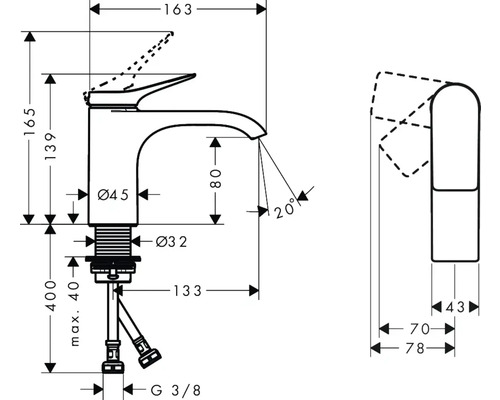 Schéma technique d''un robinet avec dimensions