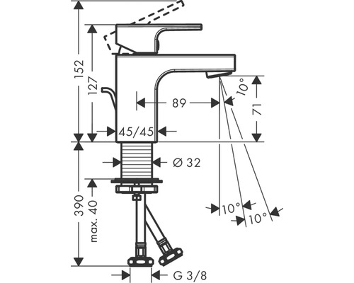Schéma technique d''un robinet avec indications de dimensions