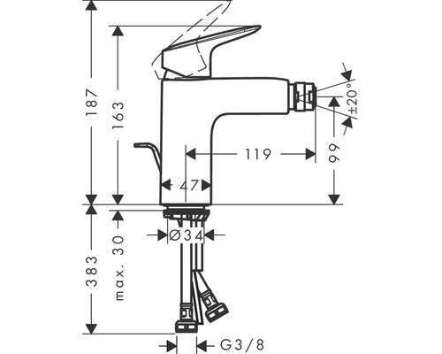 Technische Zeichnung einer Armatur mit Maßangaben