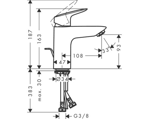 Technische Zeichnung einer Armatur mit Maßangaben