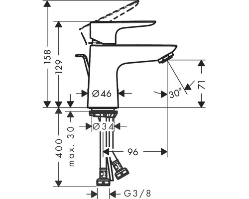 Schéma technique d''un robinet de lavabo avec indications de mesure.