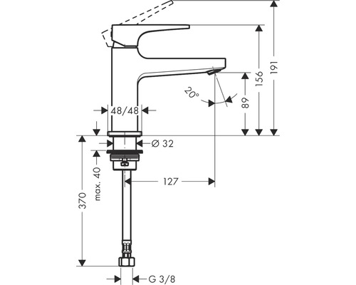 Technische Zeichnung einer Armatur mit Maßangaben