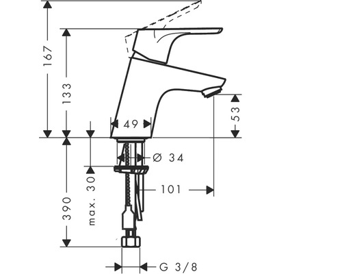 Technische Zeichnung einer Waschtischarmatur mit Maßangaben