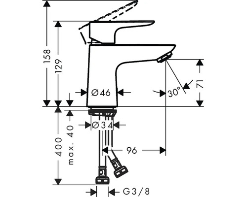 Technische Zeichnung einer Armatur mit Maßangaben