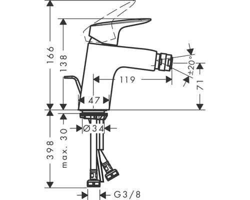Technische Zeichnung einer Waschtischarmatur mit Maßangaben