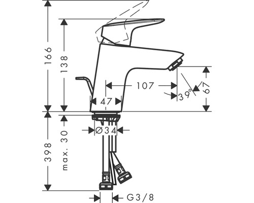Dessin technique d''un robinet de lavabo avec cotes