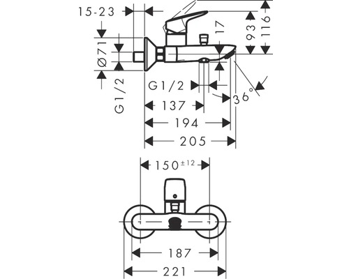 Maßzeichnung einer Armatur mit verschiedenen Maßen.