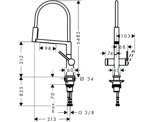 Schéma technique d''un robinet de cuisine avec dimensions
