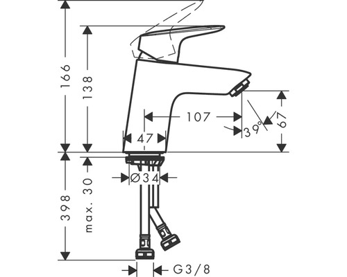 Schéma technique d''un robinet avec indication des dimensions.