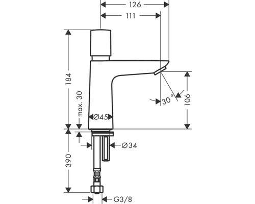 Technische Zeichnung einer Armatur mit Maßangaben