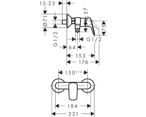 Technische Zeichnung einer Armatur mit Maßangaben