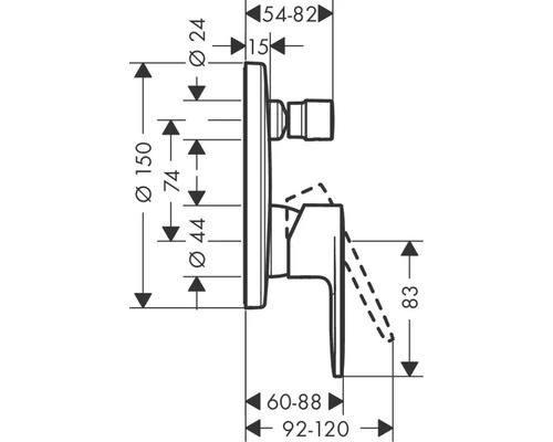 Schéma technique d''un robinet avec indications de mesure