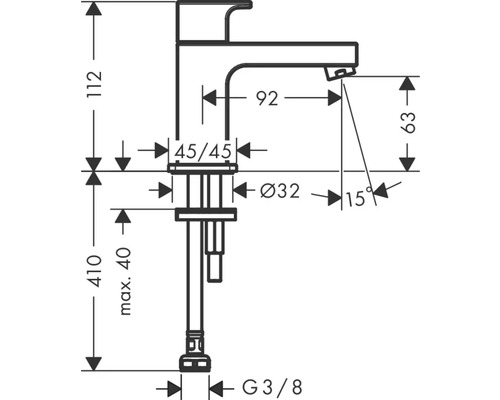 Dessin technique d''un robinet de lavabo avec dimensions