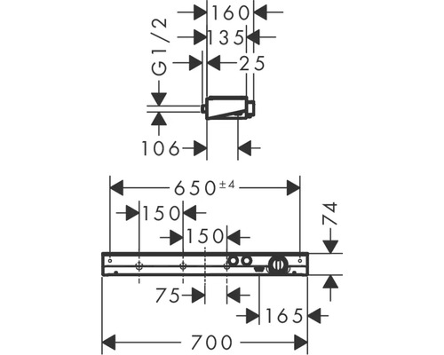 Technische Zeichnung mit Maßangaben für ein Bauprodukt