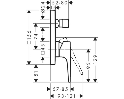 Schéma coté d''un robinet avec diverses indications de dimensions.
