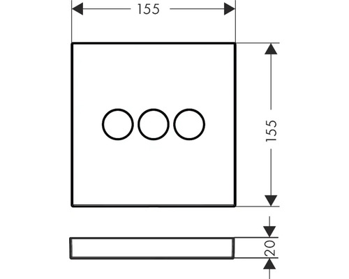 Dessin technique d''un objet carré avec trois cercles et indications de dimensions