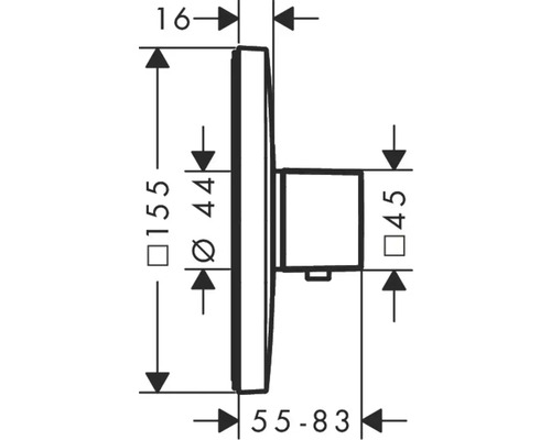 Schéma technique d''un produit de salle de bains avec indication des dimensions
