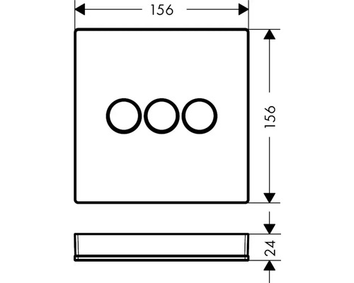 Technische Zeichnung eines Schalters mit drei Tasten und den Maßen 156 x 156 x 24 mm.