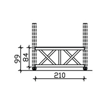 Dessin technique d''une plateforme d''échafaudage mesurant 210 cm de largeur et 99 cm de hauteur