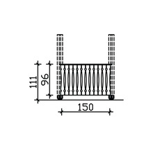 Schéma technique d''un garde-corps de balcon avec dimensions : hauteur 111 cm, hauteur du garde-corps 96 cm, largeur 150 cm.