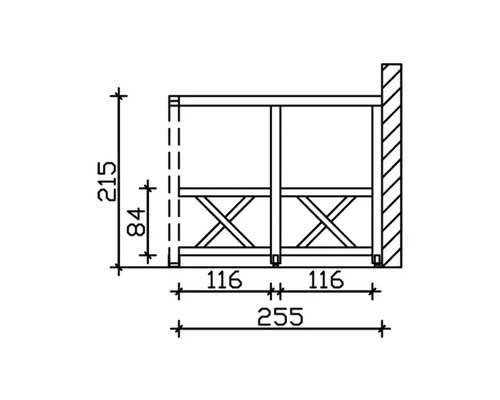 Technische Zeichnung eines Holzregals mit den Maßen 215 Millimeter Höhe und 255 Millimeter Breite.