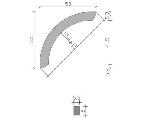 Technische Zeichnung eines Viertelkreis-Profils mit Maßangaben