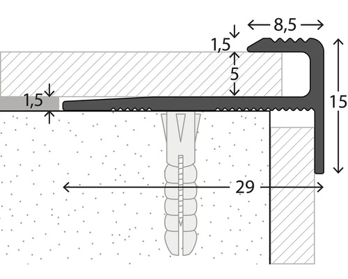 Dessin technique d''un profilé d''arête d''escalier avec indications de mesure.