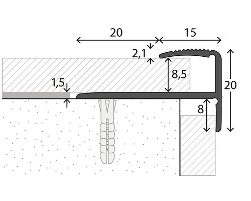 Illustration d''un profilé d''arête d''escalier avec indications de dimensions