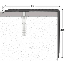 Schéma d''un profilé d''arête d''escalier avec les dimensions 45, 2 et 40, fixé avec une cheville.