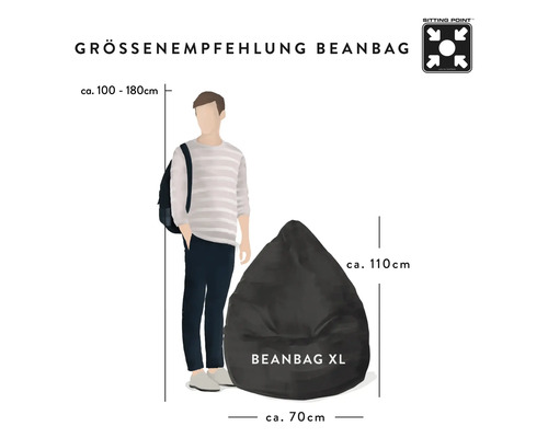 Größenempfehlung für Sitzsack XL: Körpergröße circa 100 bis 180 cm, Sitzhöhe circa 110 cm, Durchmesser circa 70 cm. Sitting Point Logo.