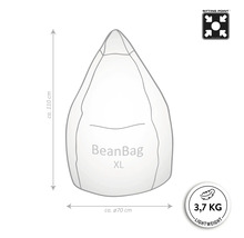 Image d''un pouf XL avec les dimensions suivantes : environ 110 cm de hauteur et environ 70 cm de diamètre, ainsi que les indications position assise et poids léger de 3,7 kg.