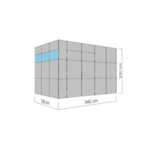Isometrische Darstellung einer modularen Raumzelle mit den Maßen 228 mal 345 mal 230 Zentimeter