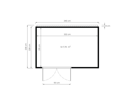 Grundriss mit Maßangaben: 345 cm breit, 236 cm hoch, Fläche 7,79 Quadratmeter